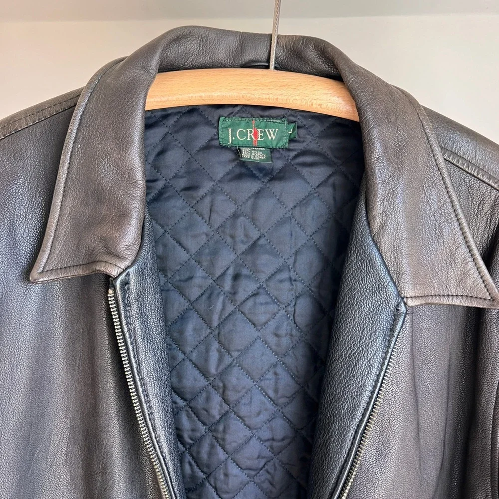 Vintage J. Crew Leather Jacket Size L Brown 90s Oarsman Full Zip Bomber Coat